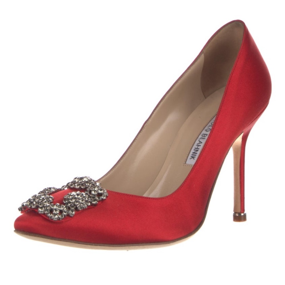 Authentic Red Satin Manolo Blahnik Hangisi crystal-embellished pumps